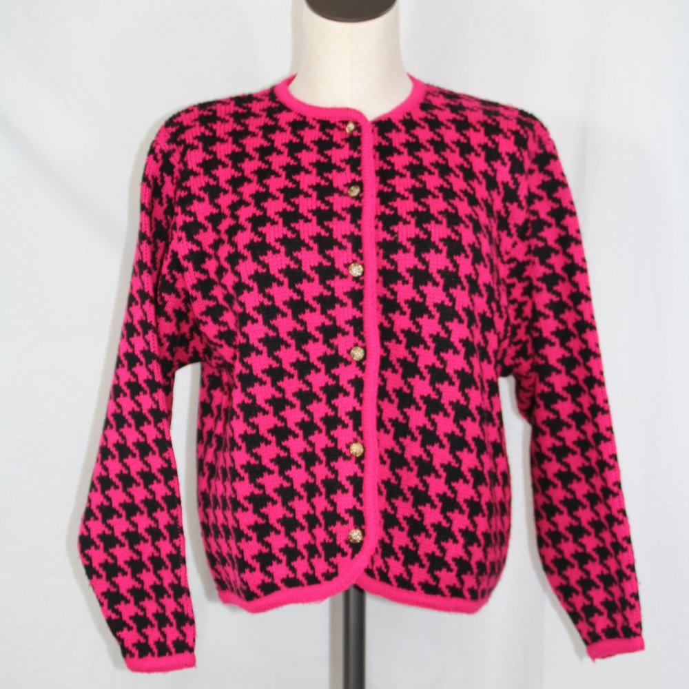 Vintage Plaid Pink and Black Button Up Cardigan Size L 90s Acrylic Streetwear